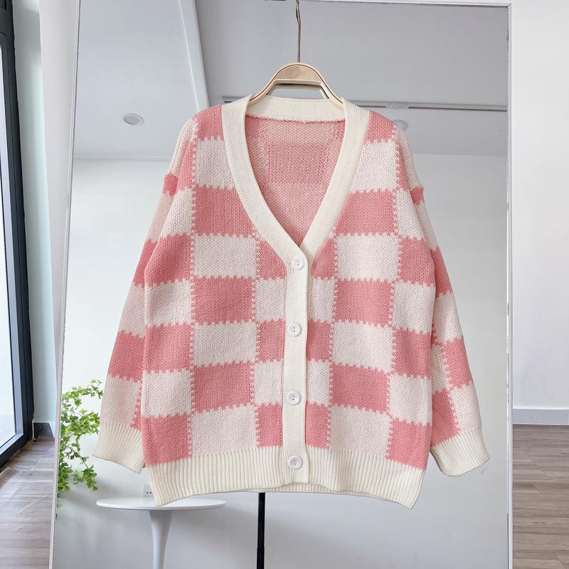 Áo Cardigan Len Nữ Caro Hồng Xinh Form Rộng 2