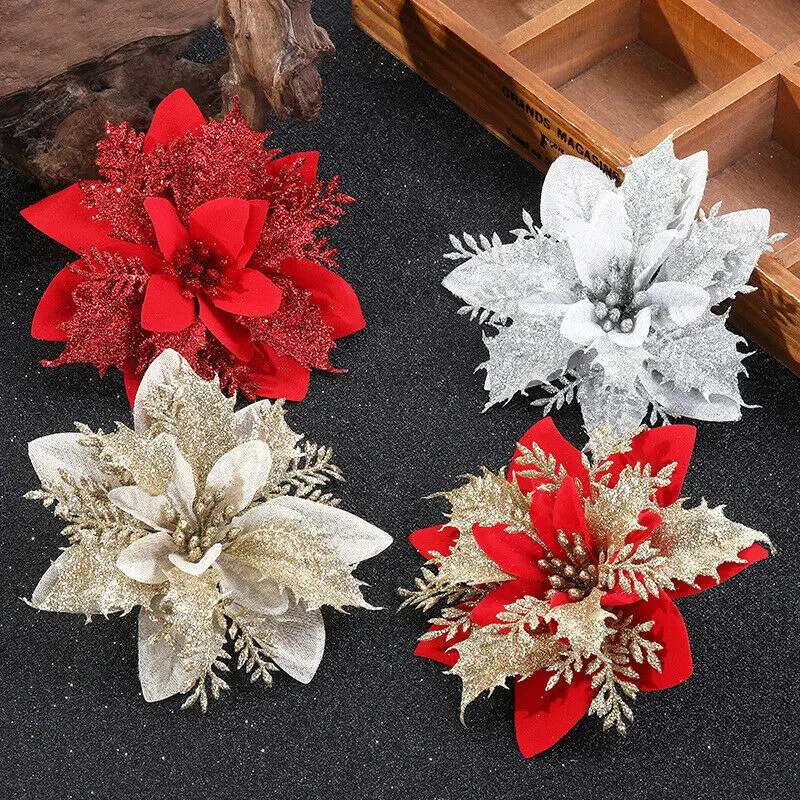 10pcs Glitter Artifical Christmas Flowers Christmas Poinsettia Tree Decorations for Home Fake Flowers Xmas peonies flowers Decoration Ornaments Plastic