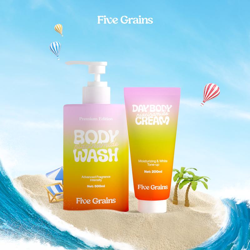Bộ đôi giúp sáng da mờ thâm Niacinamide Alpha-Arbutin Five Grains Sữa tắm giúp trắng da 500ML & Kem dưỡng nâng tone ban ngày 200ML