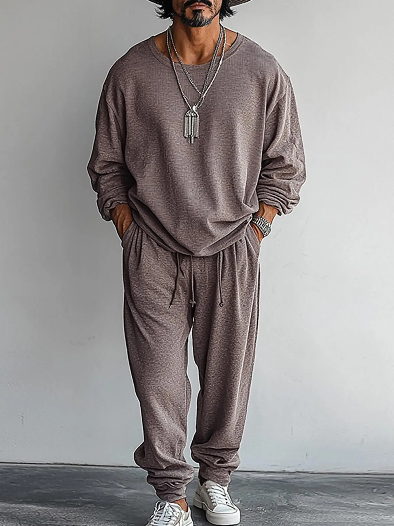 Men's Solid Color Round Neck Tee & Drawstring Waist Pants Set, Loose Crew Neck Long Sleeve Top & Trousers, Casual Fashion Cozy Breathable Men Two-piece Outfits for Spring & Fall