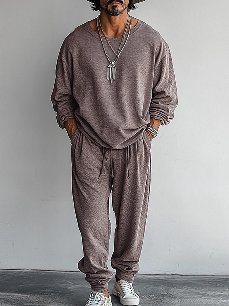 Product Introduction of Men's Solid Color Round Neck Tee & Drawstring Waist Pants Set, Loose Crew Neck Long Sleeve Top & Trousers, Casual Fashion Cozy Breathable Men Two-piece Outfits for Spring & Fall 1