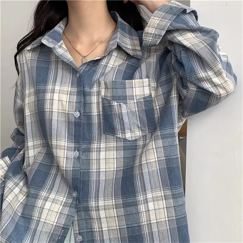 Kemeja Kotak-kotak Biru / Kemeja Wanita Lengan Panjang korean style Atasan Linen Casual Oversize 0