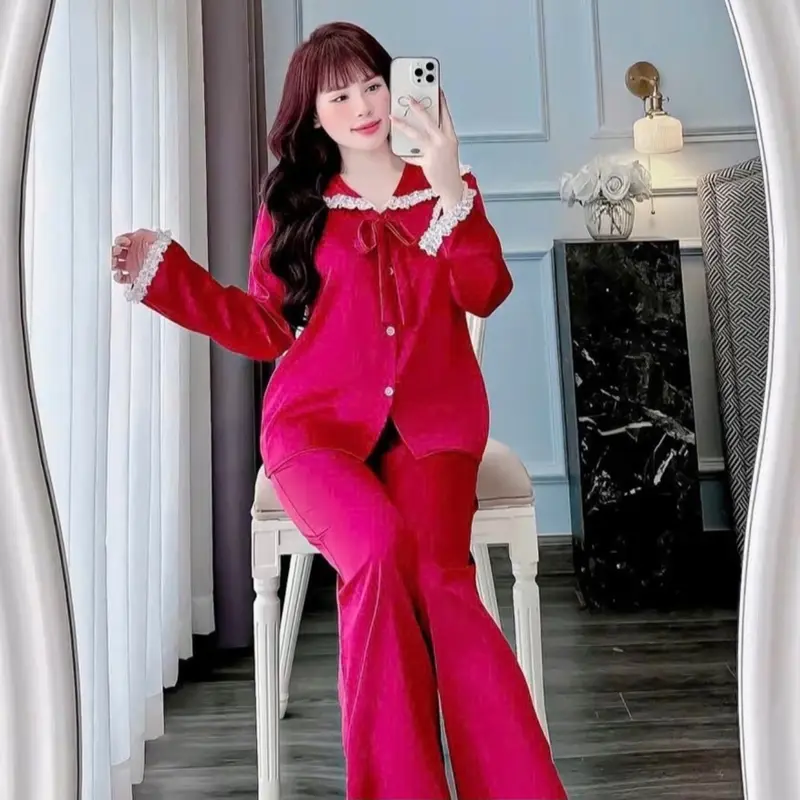 Sét bộ lụa dài, cổ bèo phối ren tiểu thư , tay loe 2