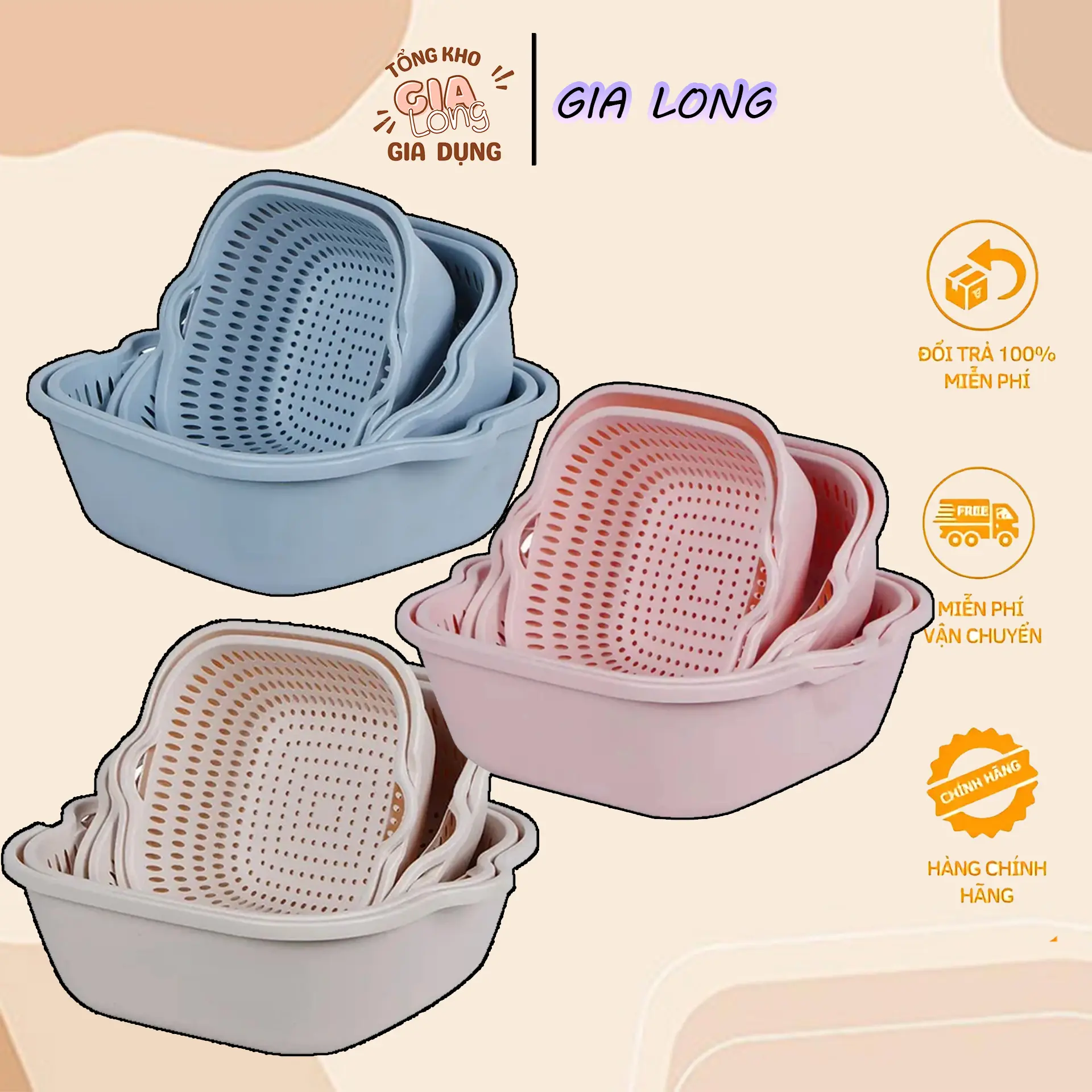 Set Rổ 6 Món Việt Nhật - Rổ Nhựa Đựng Đồ Vuông Cao Cấp Kèm Chậu 6 Món