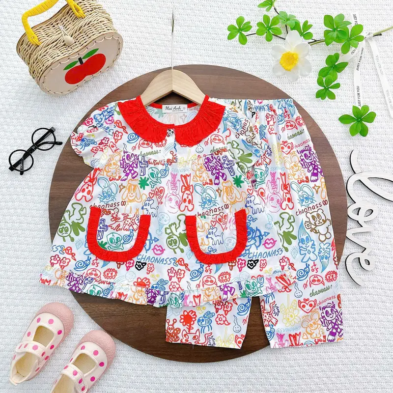 [9-42kg] Tay ngắn quần dài bèo màu bé gái, tole/lanh hàng thiết kế, đồ bộ bé gái, đồ dài mặc nhà cho bé siêu xinh, dễ thương đồ ngủ 2