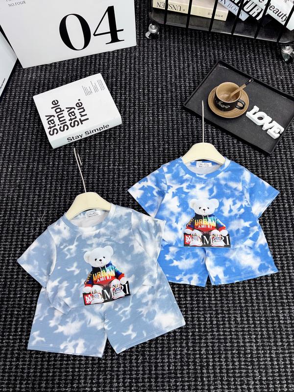 Bộ cộc tay mùa hè vải cotton loang in hình gấu cầu vồng 2 màu cho bé 6-18kg 0