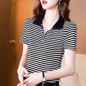 M-5xl Internet celebrity Casual Stripe Polo shirt for Women Short sleeve t shirts Plus size Korean ins trendy Zipper Stand Collar T-shirt Female Shirt Oversize Tops New