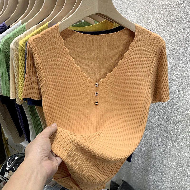 Áo Thun Dệt Kim, Phong Cách Hàn Quốc, Màu Trơn Chất Liệu Lụa Lạnh Cổ Chữ V, Ngắn Tay, Dáng Ôm, Ngắn Và Mỏng, Áo Trên