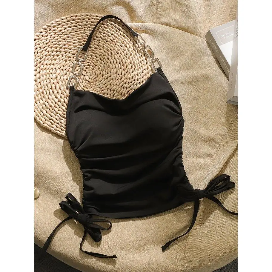 Áo Vest Dây Rút Dây Chuyền Xích, Phong Cách Pháp, Độc Đáo Và Tinh Tế, Cổ Yếm Cổ, Dành Cho Nữ, Thiết Kế Đẹp, Không Tay, Có Thể Mặc Bên Trong Hoặc Bên Ngoài