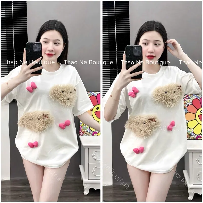 ÁO THUN NỮ UNISEX 2 GẤU XÙ DỄ THƯƠNG COTTON FORM RỘNG 3