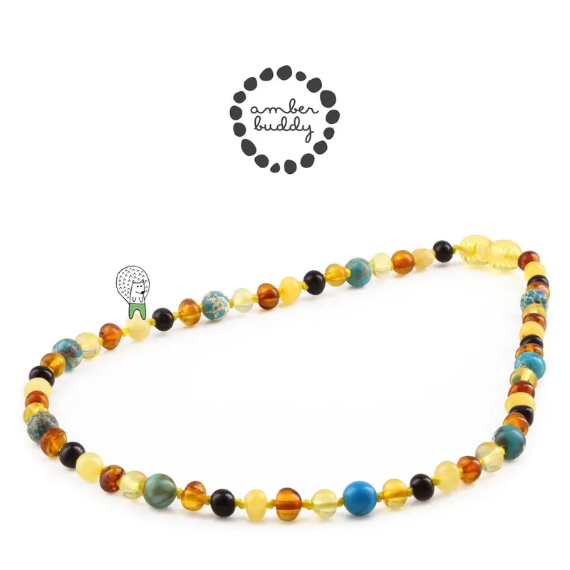 Amber Buddy - JN96 Kalung Amber dengan Lake Blue Imperial Jasper & Tridacna Shell untuk Junior. 38 cm [ FREE BANGLE ] 1