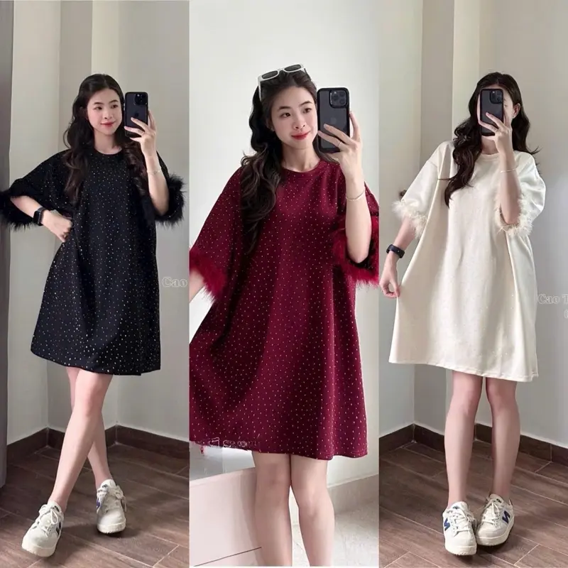 Váy xuông cổ tròn đính đá lấp lánh tay đính lônggg xinh