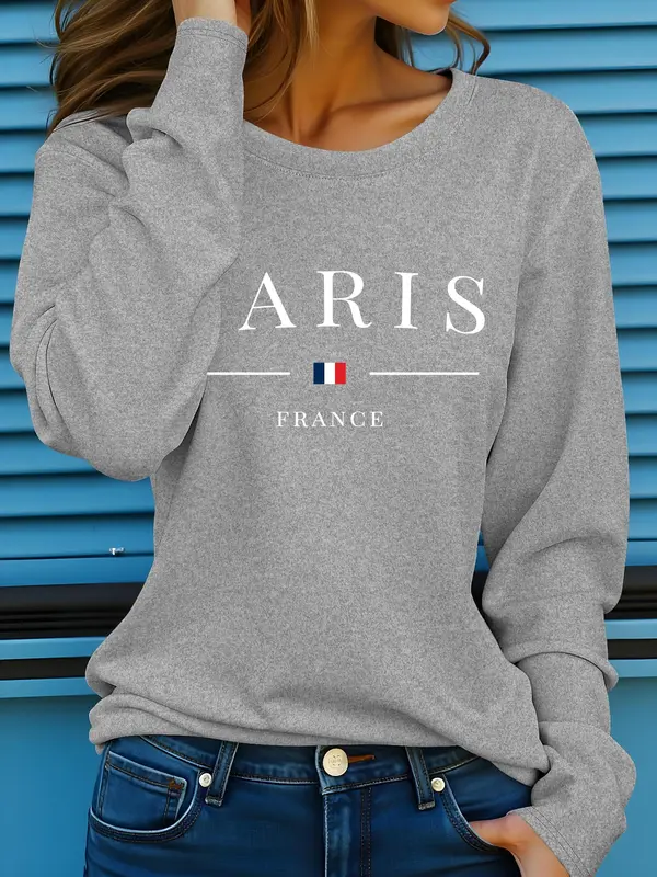 Women's Letter Print Round Neck Sweatshirt, Casual Long Sleeve Crew Neck Pullover for Fall, Fashion Women's Top for Daily Wear 0