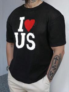 Men's Letter & Heart Pattern  Round Neck Pullover, Loose Casual Comfy Short Sleeve  Crew Neck Knit Top for Summer, Fashion Men's Knitwear for Daily Wear