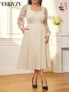 CURVZY Plus Size Plain Sheer Bishop Sleeve Pocket Dress, Elegant Sweetheart Neck Long Sleeve Dress for Party Holiday Wedding Guest, Women's Clothes for All Seasons