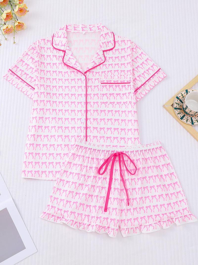 Product Introduction of Women's All Over Bow Print Short Sleeve Lapel Neck Shirt & Bow Decor Elastic Waist Shorts Pajama Two-Piece Set, Casual Comfy Button Front Chest Pocket Design Top & Ruffle Hem Shorts PJ Set, Ladies Sleepwear for Summer 6