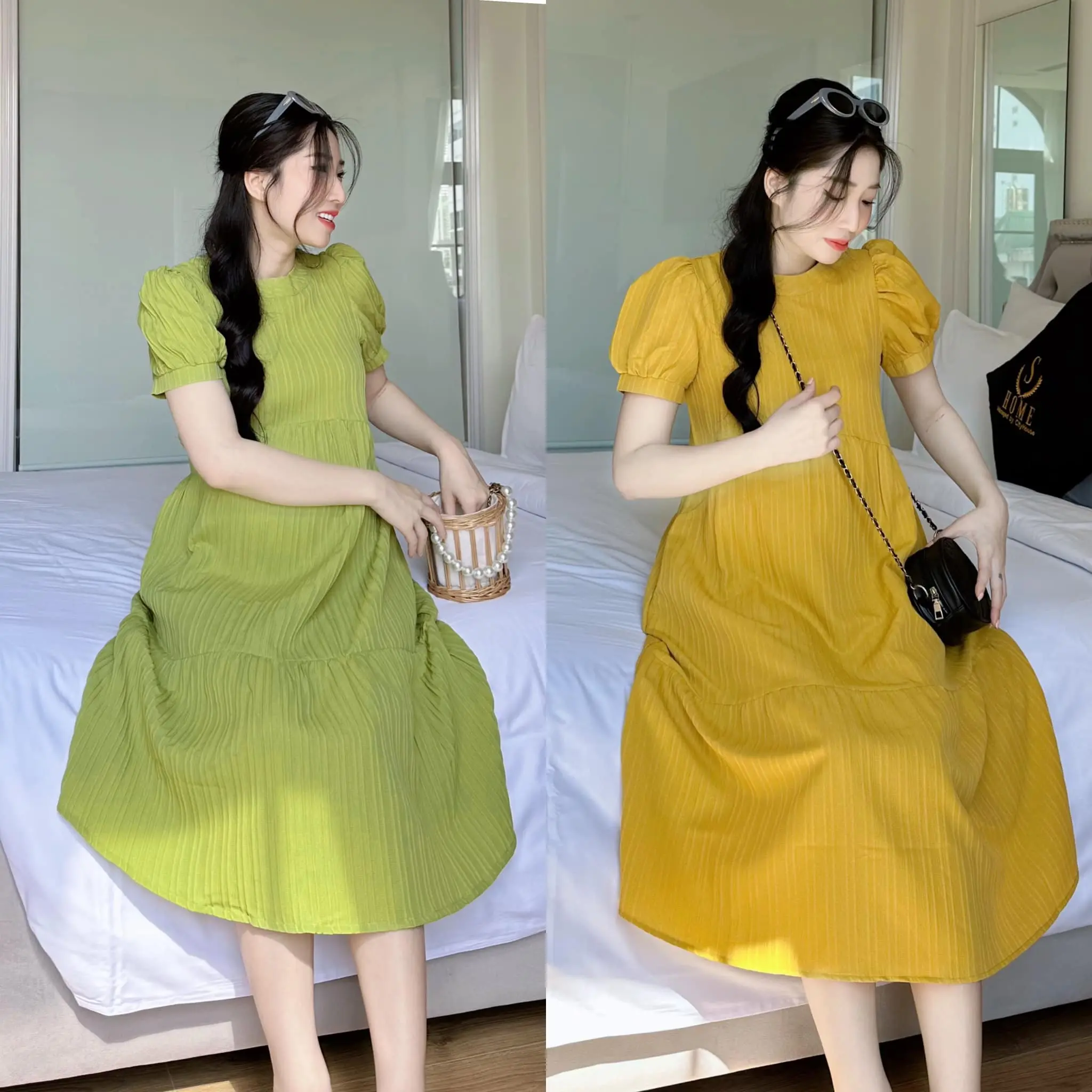 Đầm bầu Cici xốp Hàn tay ngắn bồng dáng tầng trẻ trung.