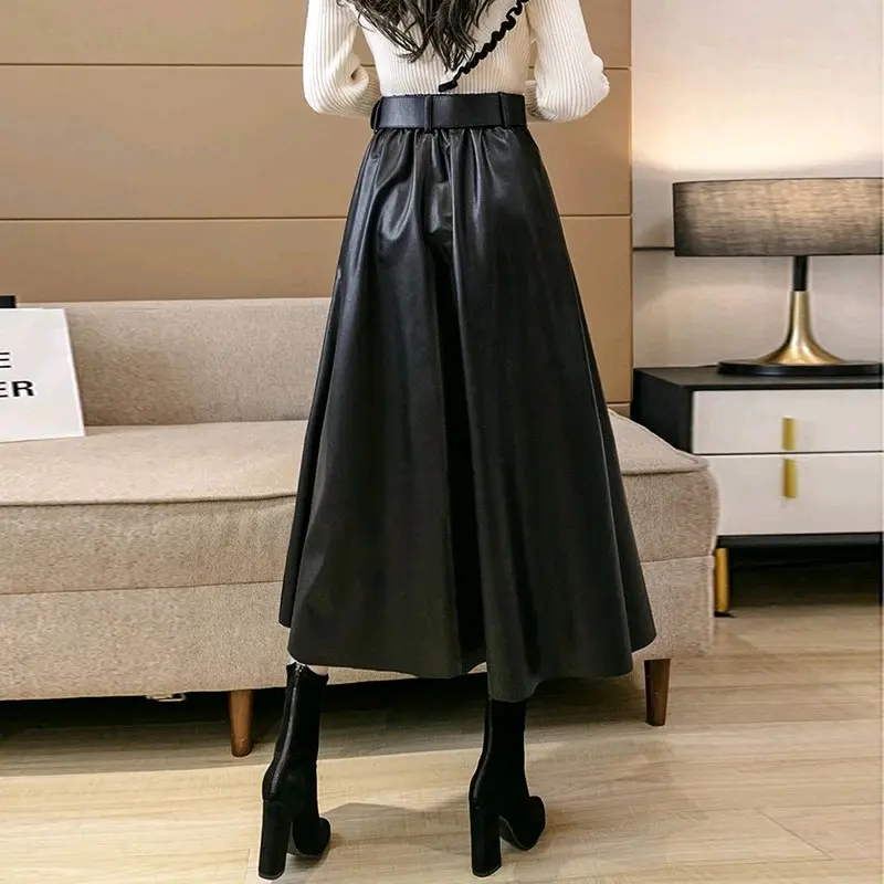 Rok semi kulit Rempel rok wanita panjang pinggang karet highwaist terbaru 4