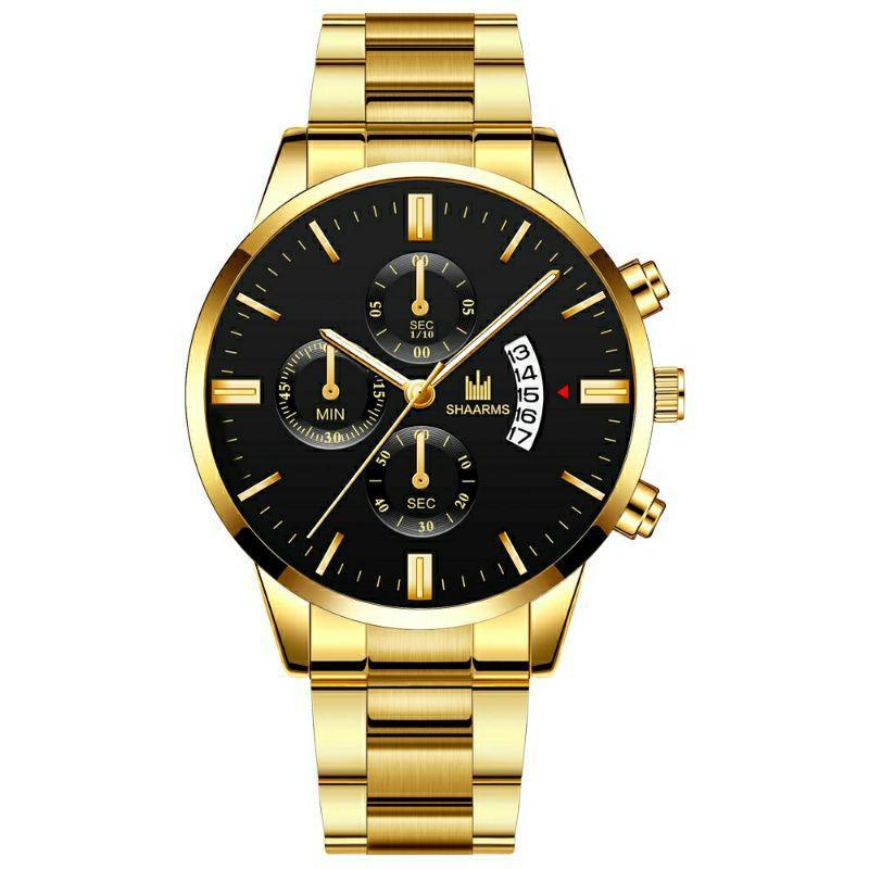 Jam Tangan Pria Anti Air Original SHAARMS Strap Stainless Steel Kalender Model Kasual Cowok Gold-Black