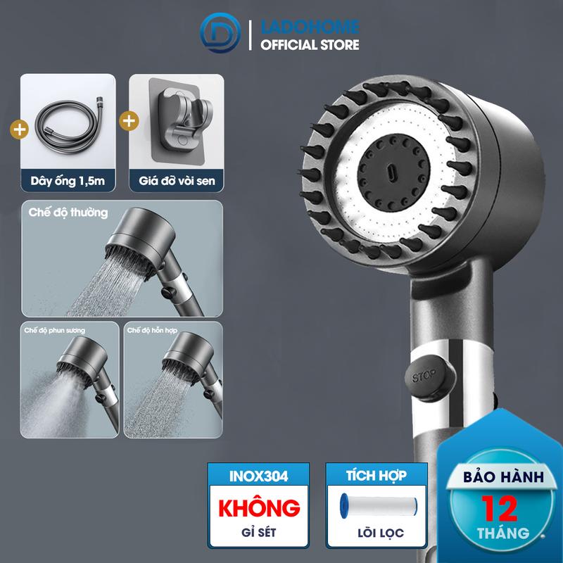 [LADOHOME] Vòi sen tăng áp 3 chế độ kèm lõi lọc LH-9005 + bao gồm giá đỡ và ống nối 1.5m