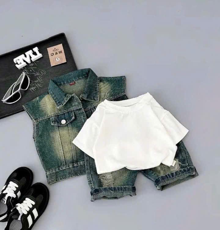 Set Bộ Bé Trai 3 Món ( Áo Bò + Quần Bò Jean + Áo Cotton ) Cho Bé Từ [ 7-30kg ] – Phong Cách Hàn Quốc, Vải Mềm Mịn Thoáng Mát