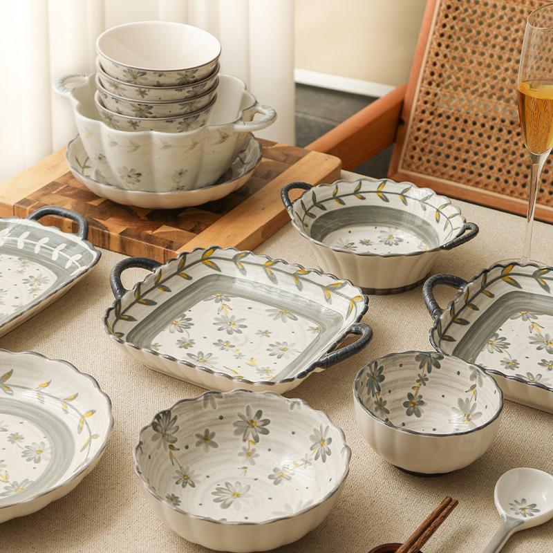 Bộ Bát Đĩa Hoa Cúc Họa Mi Họa Tiết Nhã Nhặn men sáng bóng