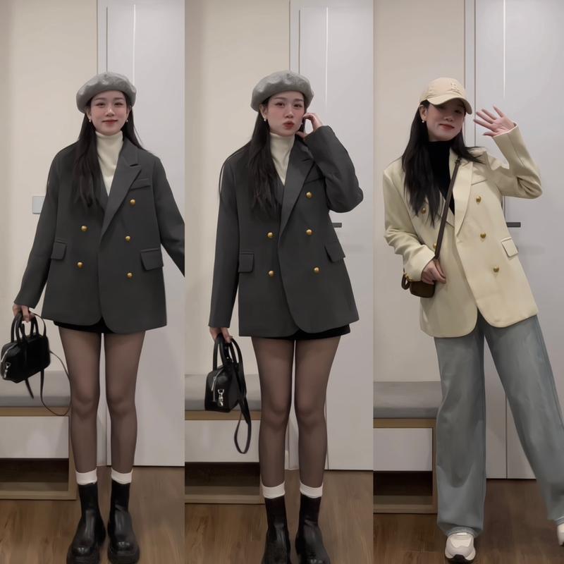 D8- Áo khoác DẠ BLAZER khuy đồng chần bông form suông rộng,phong các hàn Nữ Jacket Top Women