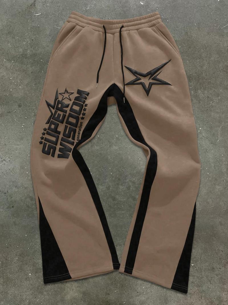 Product Introduction of Men's Colorblock Star & Letter Print Drawstring Waist Pants, Regular Fit Street Fashion Pocket Trousers for Fall & Winter, Men's Bottoms for Daily Wear 3