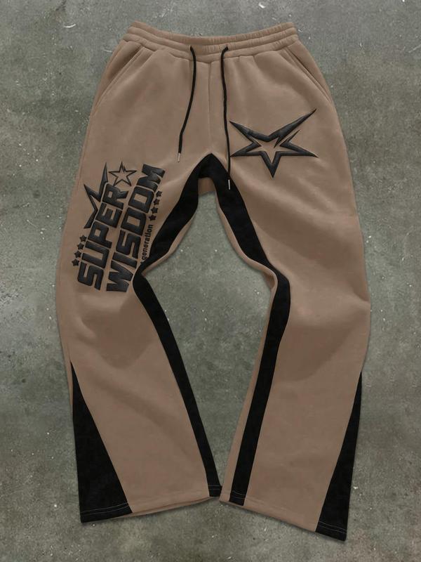 Men's Colorblock Star & Letter Print Drawstring Waist Pants, Regular Fit Street Fashion Pocket Trousers for Fall & Winter, Men's Bottoms for Daily Wear 2