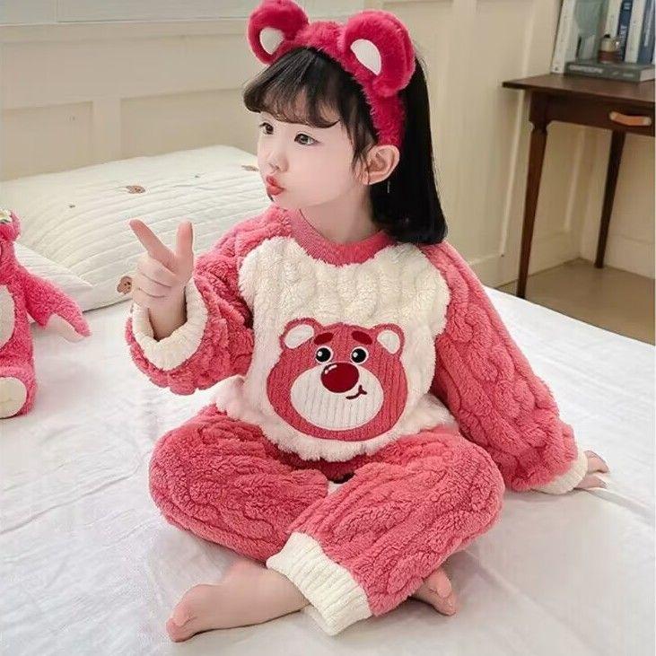 Bộ Đồ Ngủ Nhung San Hô, Cho Trẻ Em Mùa Thu Và Mùa Đông, Thiết Kế Hình Gấu Hoạt Hình Dễ Thương, Ấm Áp, Có Xẻ Tà, Thích Hợp Cho Bé Gái, Đồ Mặc Nhà Mùa Đông Bằng vải nỉ Cho Bé