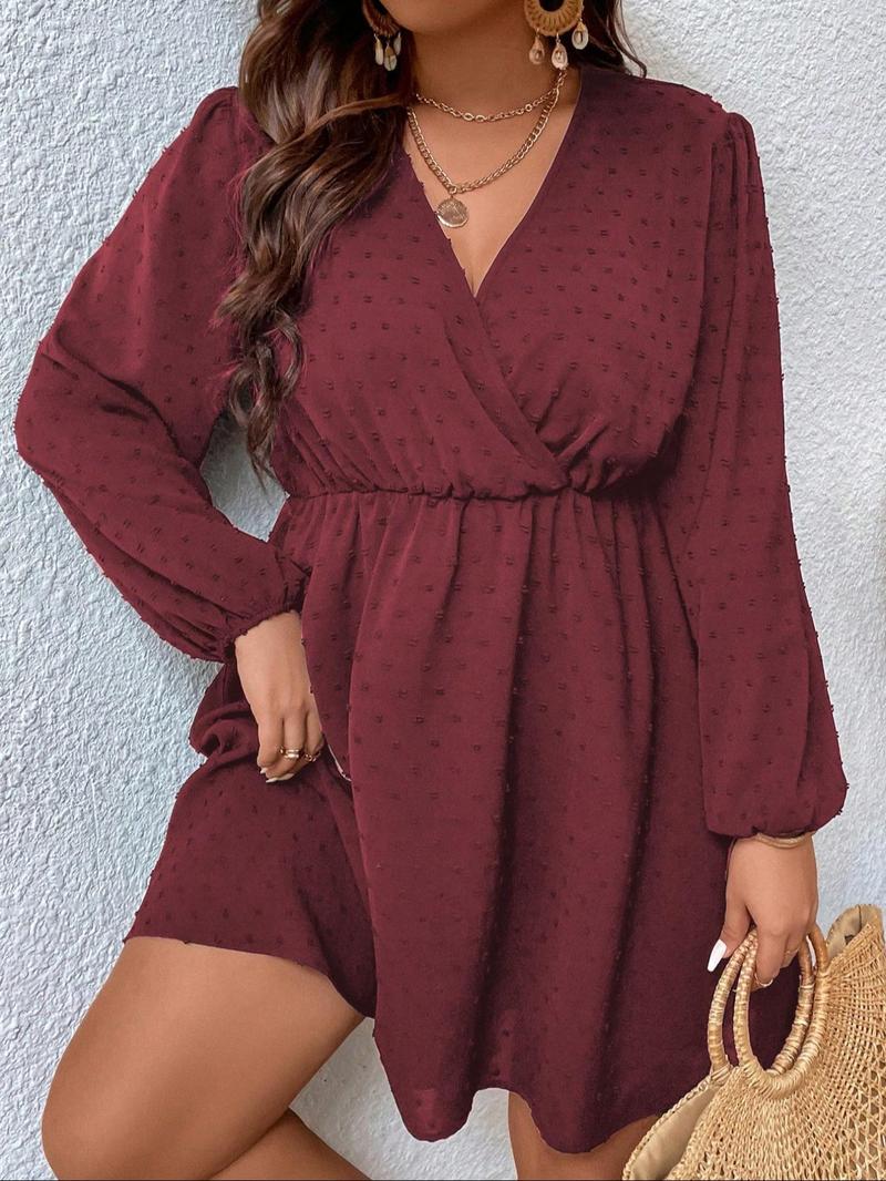 Product Introduction of 【Plus Size】 Plain Swiss Dot Wrap V Neck Bishop Sleeve A Line Dress, Plus Elegant Long Sleeve Short Dress for Spring & Fall, Women's Clothes for Daily Wear, Holiday Dresses 10