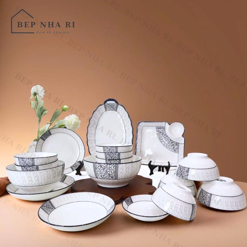 [ BepNhaRi ] Bộ bát đĩa họa tiết Vân Mây Cao Cấp - Gốm Sứ CERAMIC - decor bàn ăn nhà bếp sang trọng lịch sự