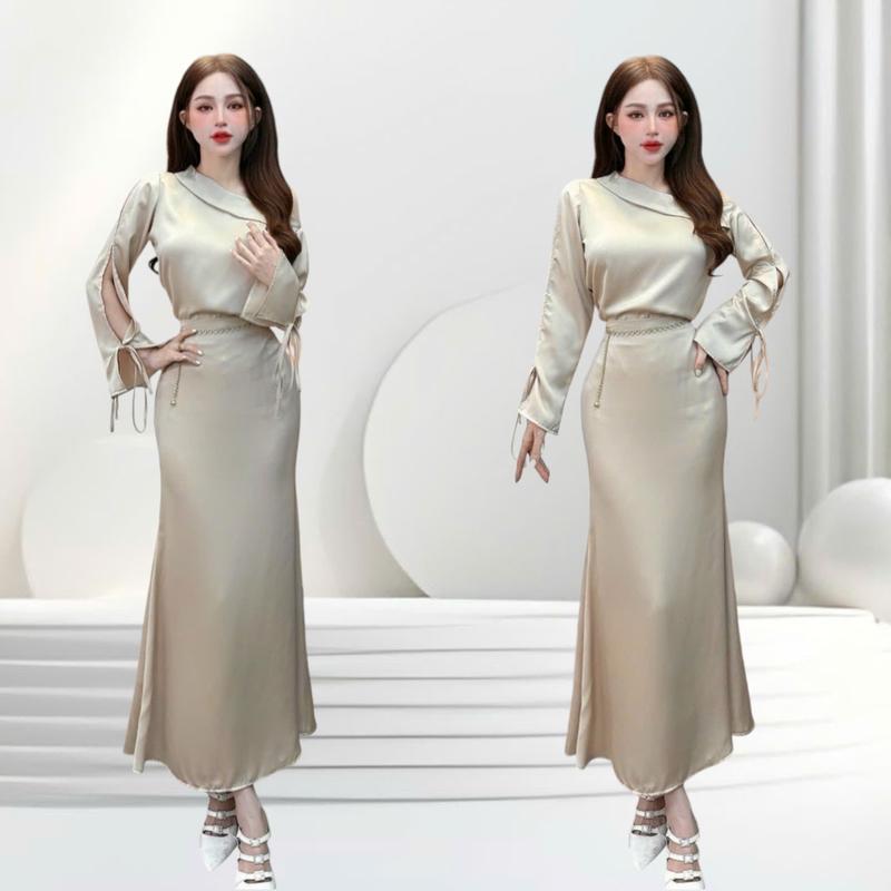 T20 ( SET/ ÁO RỜI/ VÁY RỜI ) ( KHÔNG KÈM NỊT ) Set đồ nữ sang chảnh thiết kế CRAZYTEEN S5352 dành cho nữ gồm áo sơ mi lệch vai tay cột nơ và chân váy đuôi cá để đi chơi ( Áo sơ mi/ Chân váy )