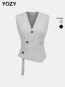 YOZY Women's Solid Button Front Asymmetrical Hem Vest Blazer, Commuter Fashion V Neck Sleeveless Suit Vest for Work Office Business, Ladies Summer Clothes