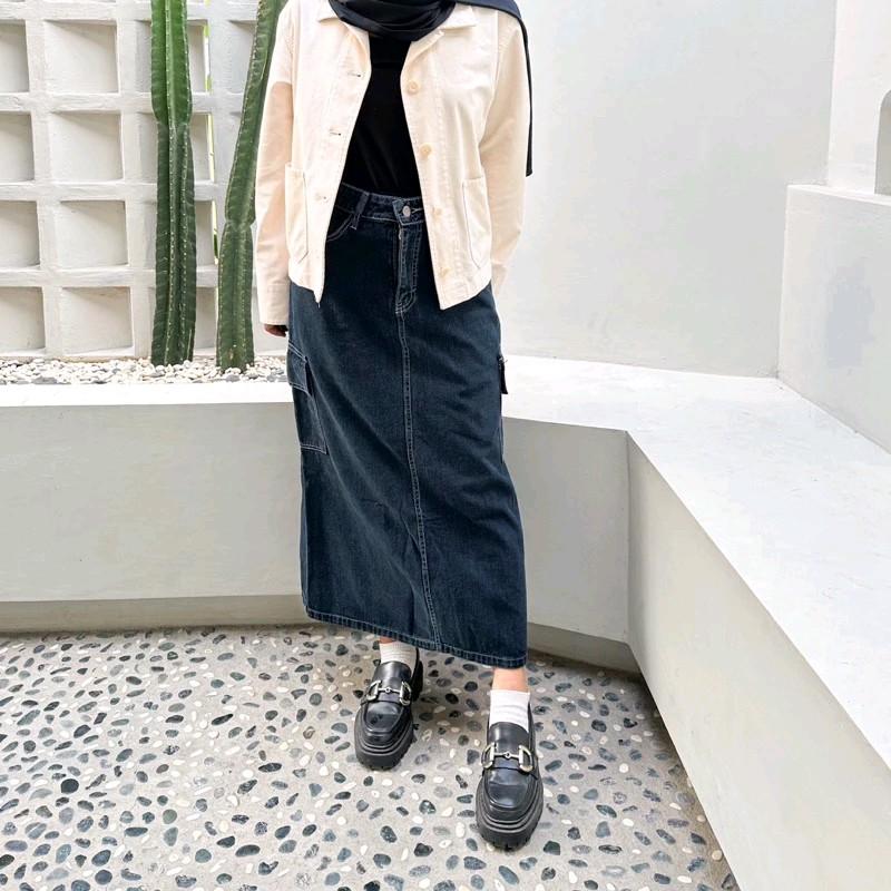 ROK KARGO JEANS Panjang Denim Karet Tebal Wanita Standar Katun A-Line Samping Melar Hitam Maxi Biru rok cargo tanpa belahan rok jeans span rok midi jumbo 5