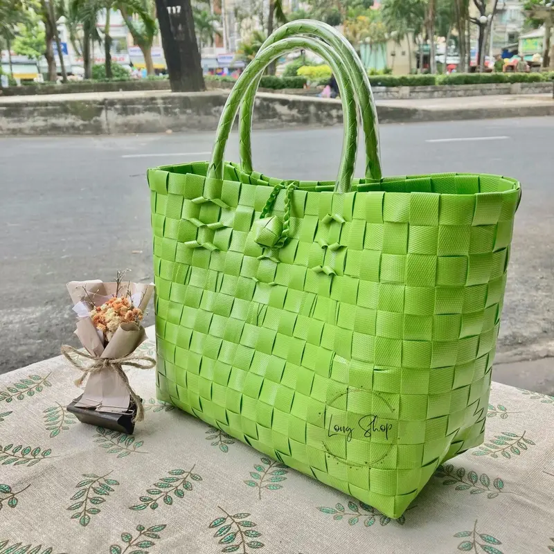 Giỏ nhựa đan tay màu trơn -  Size 7 vừa - Túi xách đan thủ công - Làn nhựa 5
