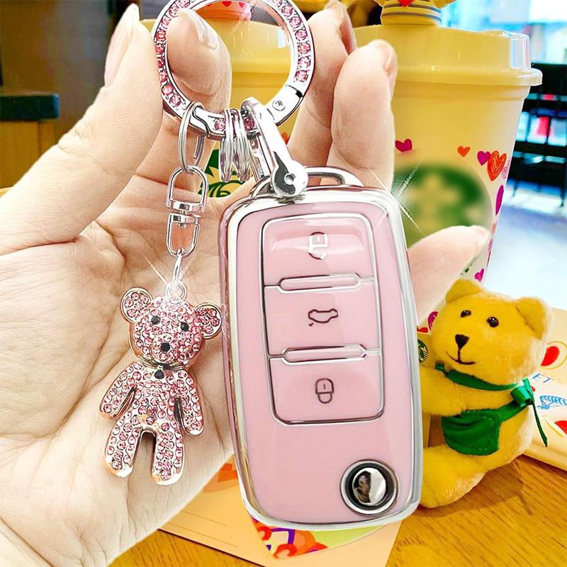 Car Key Case with Bear Charm, Cute Car Key Protective Cover, Soft TPU Anti-lost Car Key Protector, Universal Car Key Fob Cover for Volkswagen Sprint 6