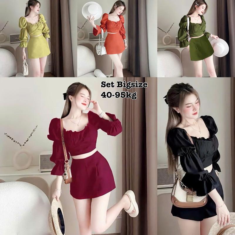 Thời Trang Bigsize - Set Bộ Áo Croptop Tay Dài Kèm Chân Váy Bigsize Xinh Thiết Kế Tay Dài Nữ Cao Cấp Xinh Đẹp Freesize 50-95kg Áo Cotton Top Xanh Rêu Sen Màu Đen Set Áo Và Quần Bigsize Sang Chảnh Nhẹ Nhàng Sò
