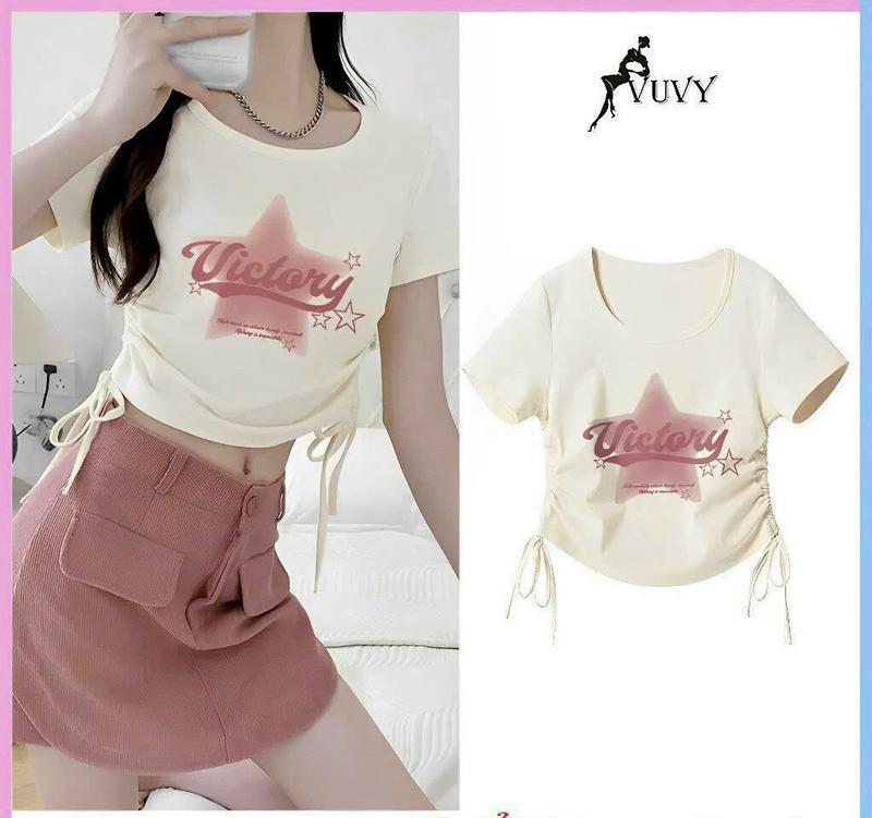 Product Introduction of Áo Crotop rút dây 2 bên,in hình ngôi sao dễ thương Cổ Tròn Thun Trắng Nữ Women 19