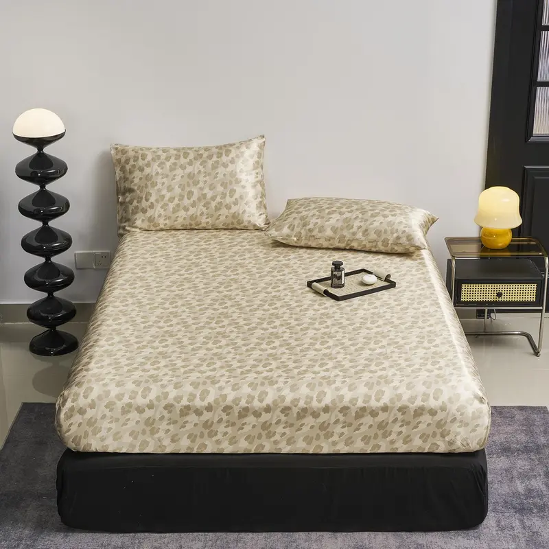 Satin Leopard Print Bedding Set, 3 Counts Including 1 Count Soft Comfortable Fitted Sheet & 2 Counts Pillowcase without Filler, Bed Linens, Room Accessories Bedding Supplies for Home Hotel, Bedroom Decor, Gift for Summer 3