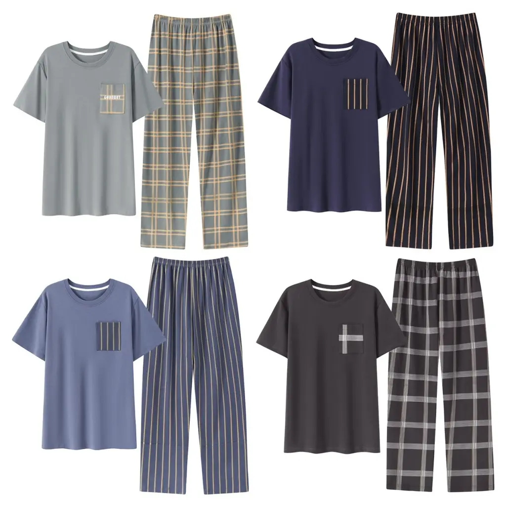 Men Sleepwear Summer Pajamas Set Liked Cotton Short Sleeve Top & Long Pants with Round Neck Simple Plaid/Striped Design and Pockets Pyjamas