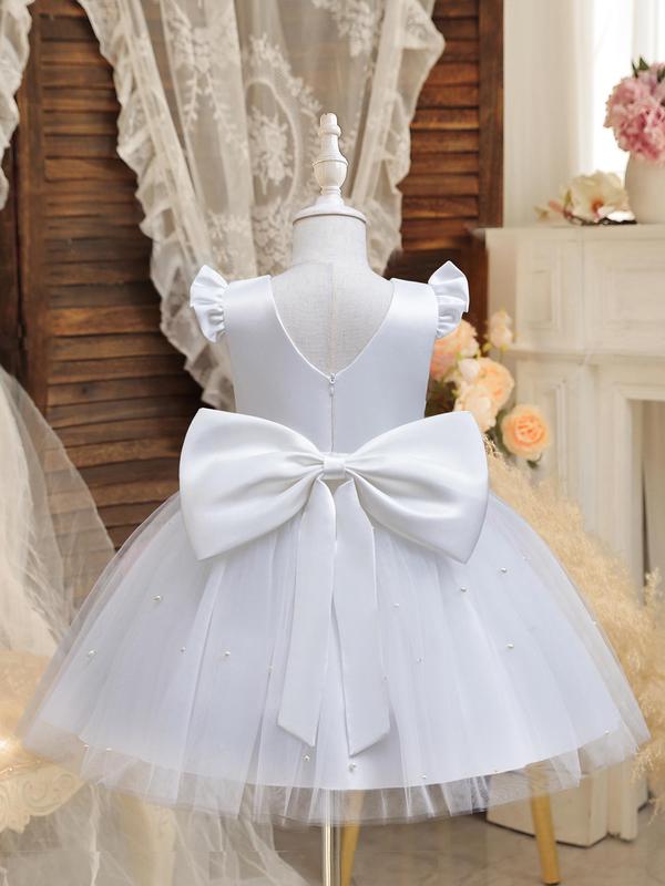 Girl's Faux Pearls Decor Big Bow Round Neck Dress, Elegant Sleeveless Contrast Mesh Dress for Party Wedding Guest, Kids Summer Clothes 5