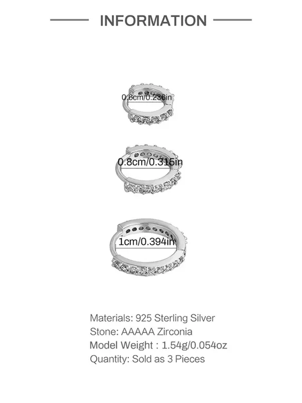 925 Sterling Silver Simple Rhinestone Decorated Earrings (3counts/set), Fashion Jewelry for Party, Daily Clothing Decor, Exquisite Jewelry for Birthday Gift 5