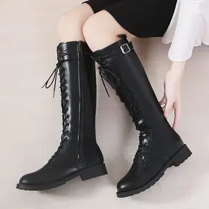 knee-length 2019 new wind retro brest head front tie with leather thick-heeled large-si Suarez