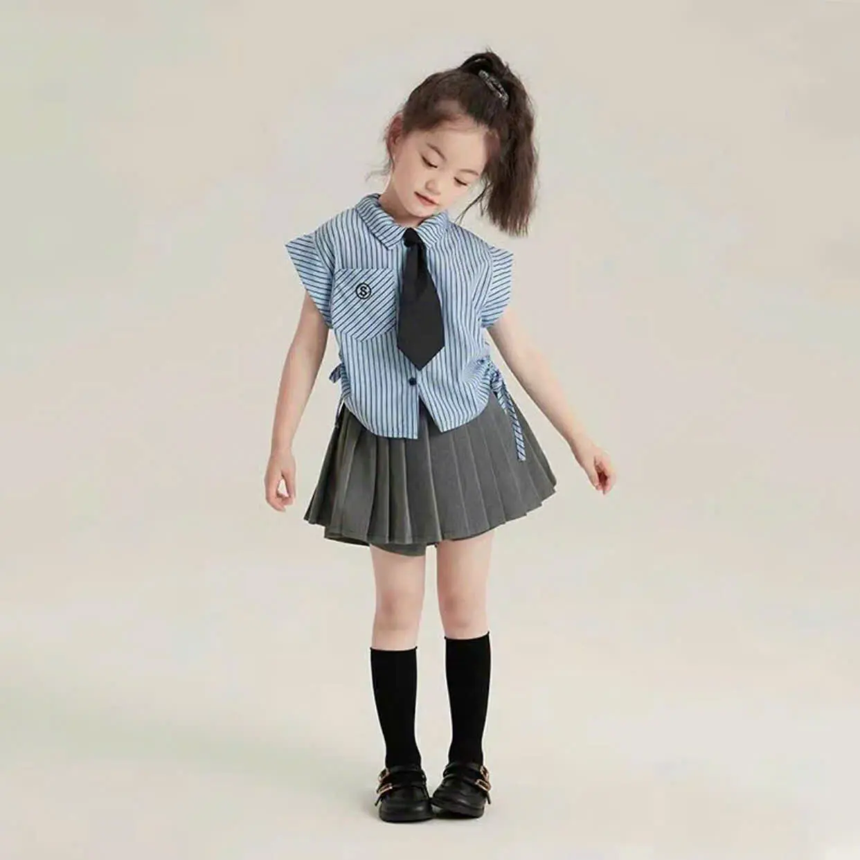 [ HANG KIDS] BỘ SƠ MI KẺ XANH KÈM CHÂN VÁY VÀ CÀ VẠT CHO BÉ GÁI 9-35KG