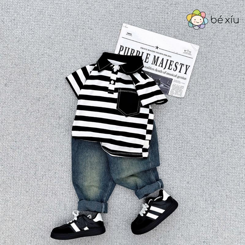 Bộ đồ bé trai set quần jean dài áo polo thun lạnh KẺ SỌC thoáng mát, dễ giặt, bền đẹp cho bé từ 8-26Kg by BÉ XÍU