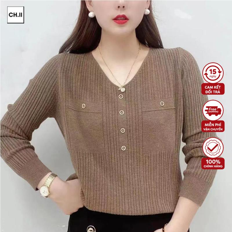 Áo Len Nữ Trung Niên - Cổ Tim Dài Tay Đính Đá Chất Len Mềm Mịn Co Giãn Thoải Mái mã AL01