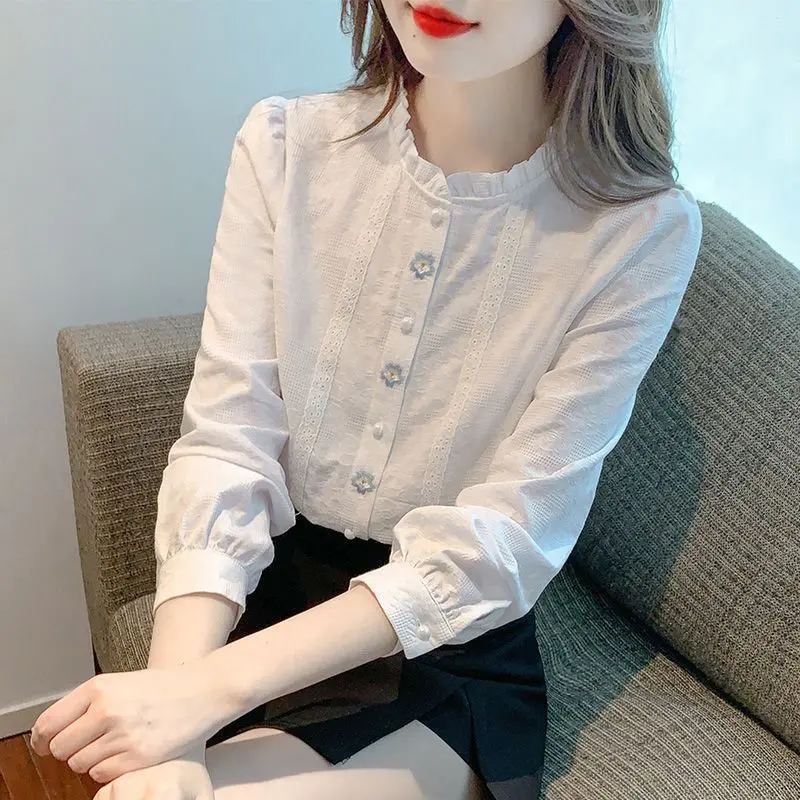 Áo Jacquard Thêu, Cao Cấp, Cổ Áo Selvedge Dây, Cổ Tròn, Dành Cho Nữ, Phong Cách Hàn Quốc, Thích Hợp Cho Mùa Xuân Và Mùa Thu, Áo Sơ Mi Dài Tay, Hàng Mới Về