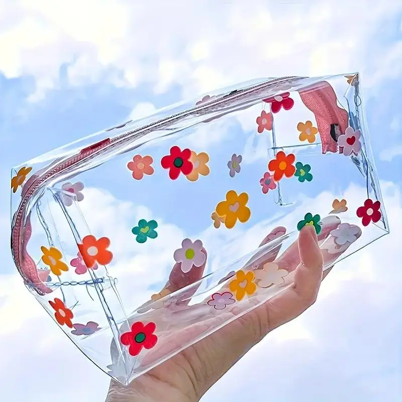 Flower Pattern Clear Cosmetic Bag, 1 Count Portable Travel Make Up Storage Bag, Large Capacity Storage Bag for Home & Travel & Desk Supplies Organizer