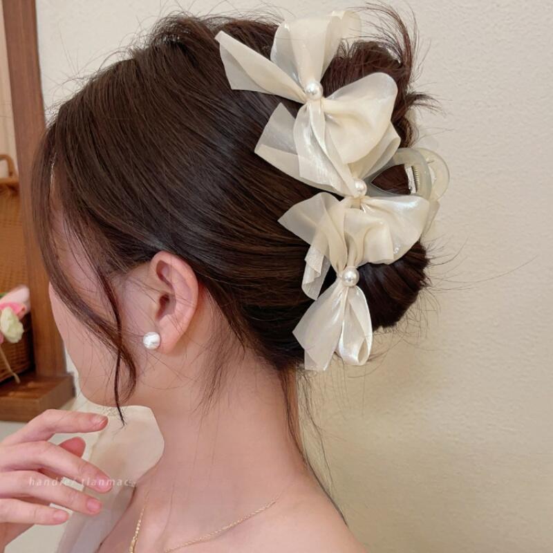 Product Introduction of Korean Fashion Pearl Mesh Claw Girl Back of Head Hair Clip for Women Bow Hairpin 6